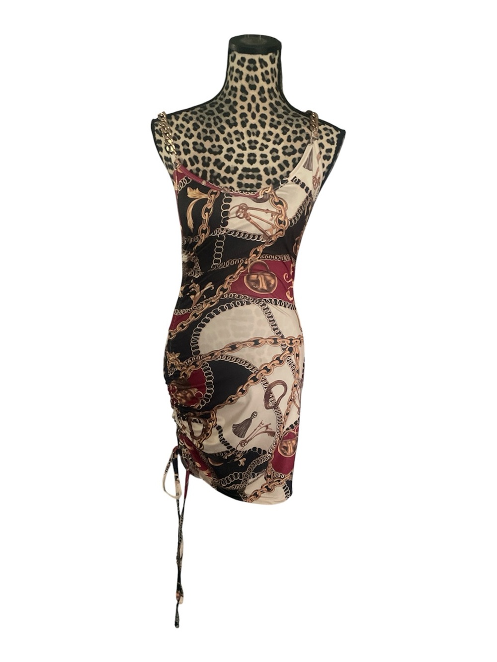 Chain-Print Ruched Mini Dress in Black, Cream & Burgundy